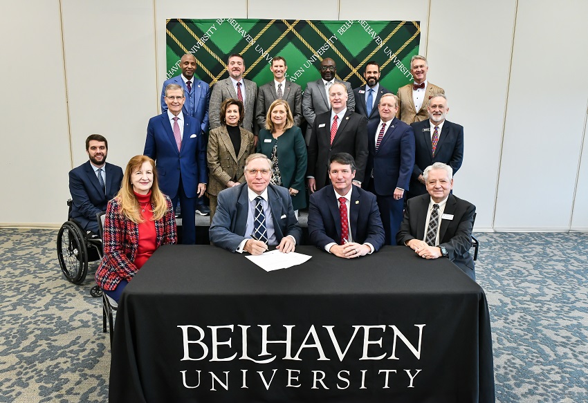 Belhaven University and the Mississippi Association of Community Colleges signed an articulation agreement that allows students at Mississippi’s 15 community colleges to transfer into Belhaven University’s Bachelor of Science program in Elementary Teacher Education. EMCC President Dr. Scott Alsobrooks, back row third from left attended the signing, as did presidents and representatives from the state’s other community colleges. Seated at the signing are, from left, Belhaven University Provost, Dr. Audrey Kelleher; Belhaven University President, Dr. Roger Parrott; MACC Chairman, and Holmes Community College President, Dr. Jim Haffey and Belhaven University’s Dean of the School of Education, Dr. David Hand.