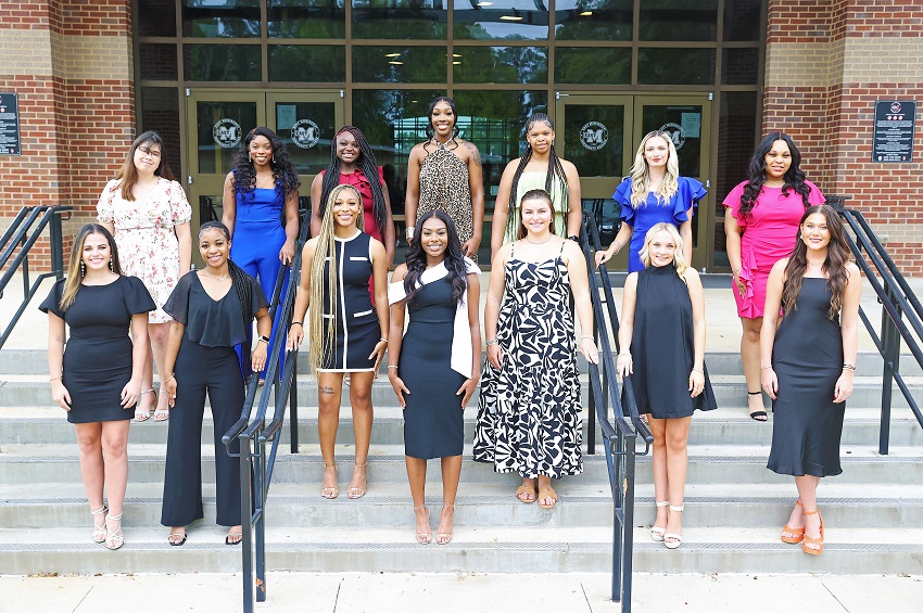 Members of East Mississippi Community College’s 2024 Homecoming Court are, front row, from left, Arlee Oswalt, Destinee Walker, Lydia Williams, Kristian Weatherby, Kate Chapman, Hayley Rogers and Zoey Reed. In the back row from left, are Morgan Trice, Kylie Brown, Reagan Snell, Jada Harris, Kaleigh Smith, Anna Borst and Railyn Smith.